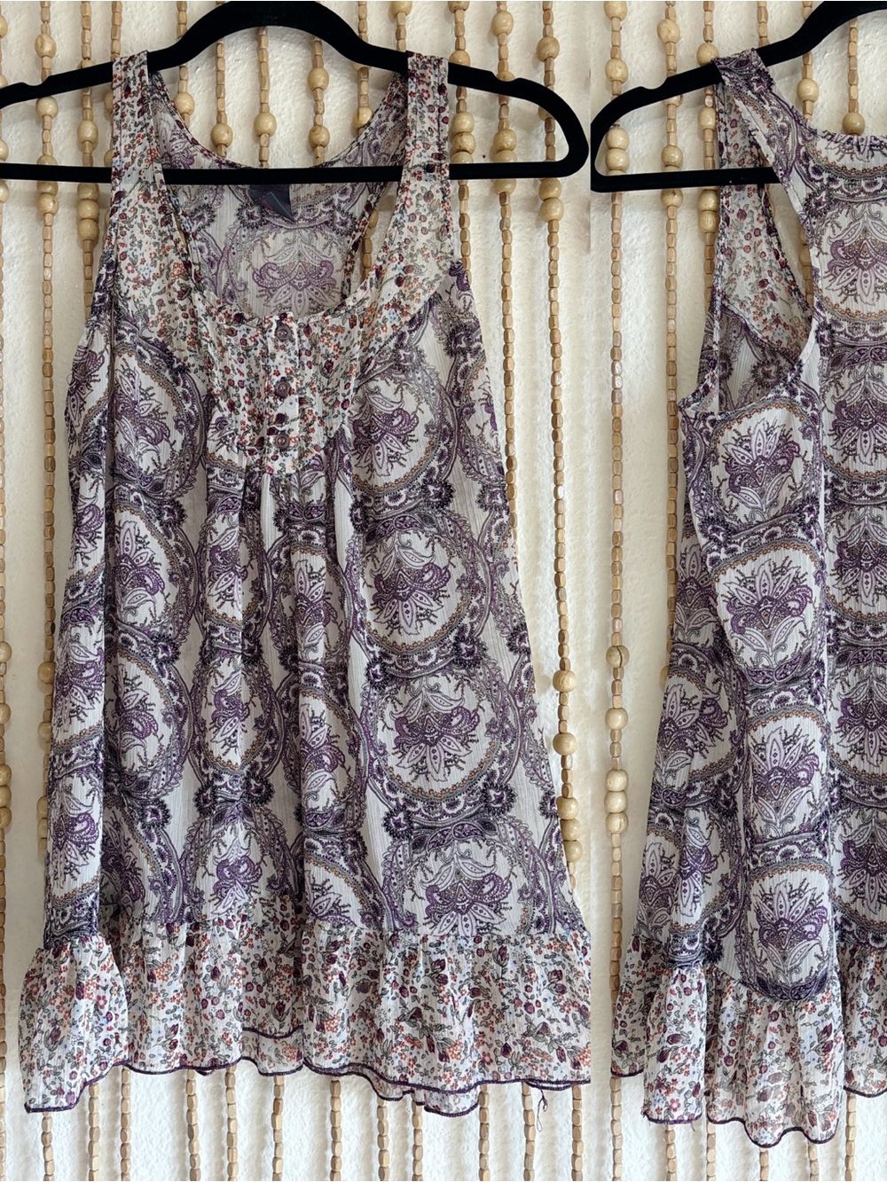 Fire Los Angeles Boho Purple Paisley Floral Indie Ruffle Hem Lightweight Tank